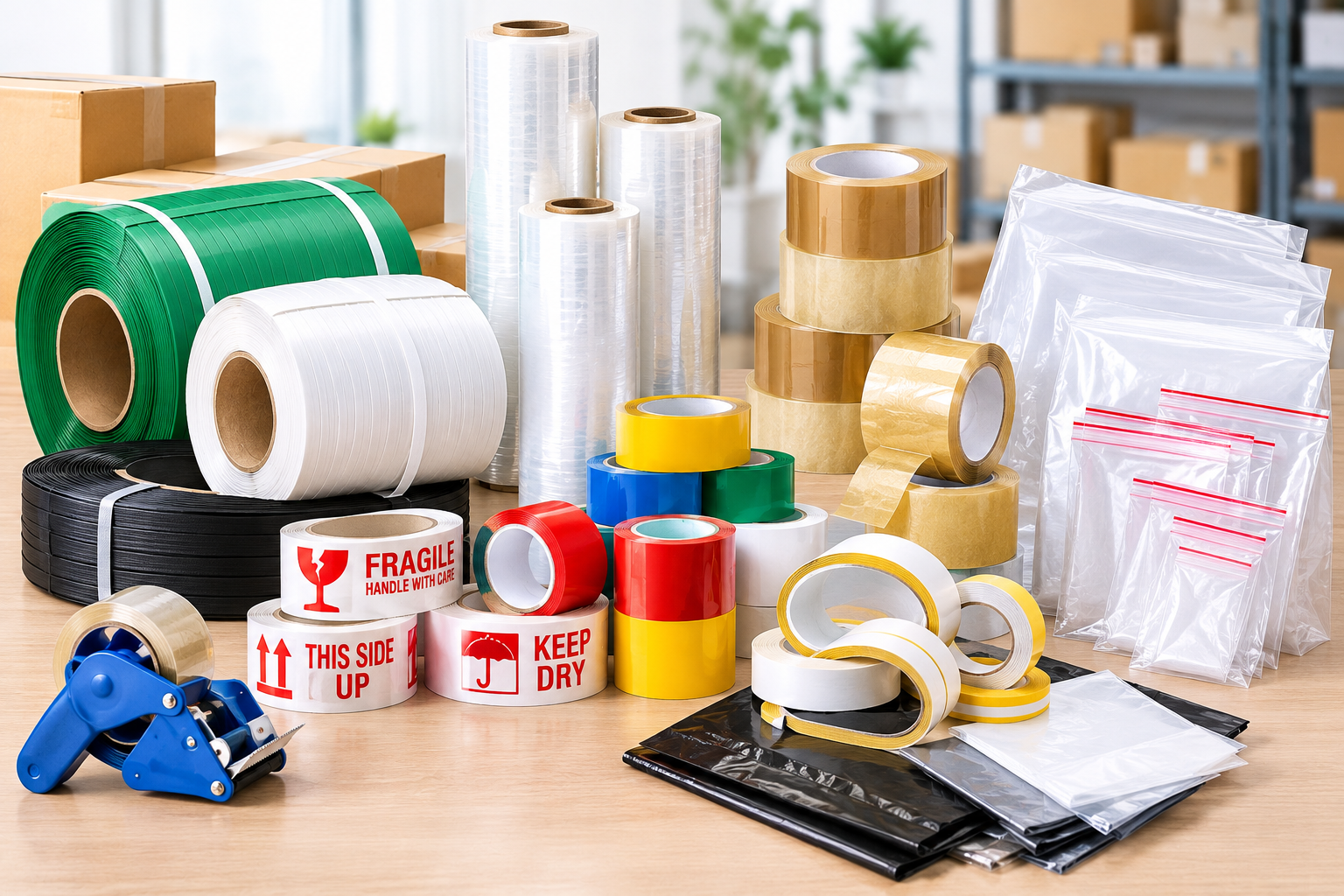 We provide a variety of packing and packaging materials, including tapes, strapping rolls, stretch film, double-sided tapes, printed tapes, colour tapes, poly bags and zip-lock bags in different sizes.